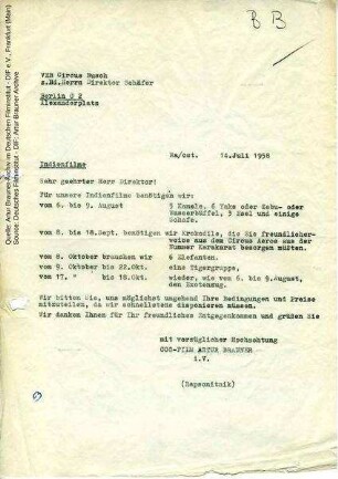 Brief von CCC an Circus Busch, 14.07.1958