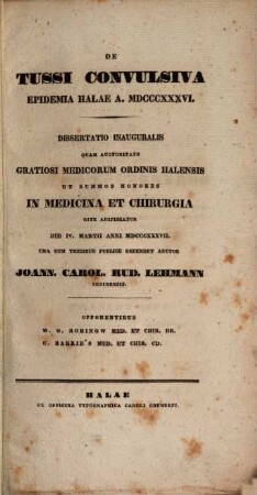 De tussi convulsiva epidemia Halae a. 1836 : Diss. inaug.