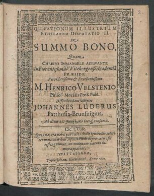 Quaestionum Illustrium Ethicarum Disputatio II. De Summo Bono