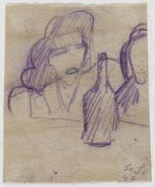 [o.T.]. Frauenkopf, Kopf und Flasche