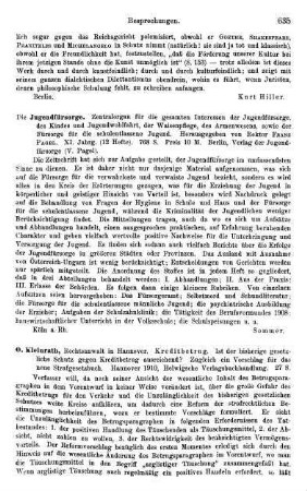 635, Die Jugendfürsorge. Zentralorgan für die gesamten Interessen der Jugendfürsorge, des Kindes und Jugendwohlfahrt, der Waisenpflege, des Armenwesens, sowie der Fürsorge für die schulentlassene Jugend