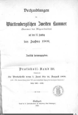 2,104: Landtag Württemberg - Kammer 2, Protokolle 1909, Bd. 6