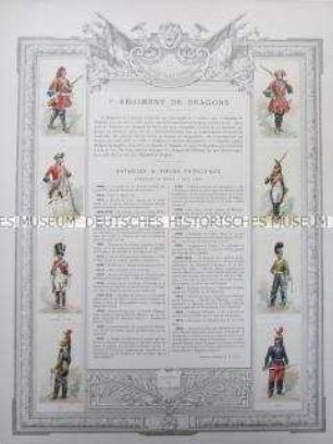 Uniformdarstellung, Rüstungen und Uniformen von Soldaten des 5. Dragoner-Regiments und Zeittafel von Schlachten und Belagerungen mit Beteiligung dieses Regiments bzw. seiner Vorläufer, Frankreich, 1668-1870.