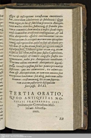TERTIA ORATIO QUOD ANTIQUITAS NOVITATI PRAEFERENDA SIT.