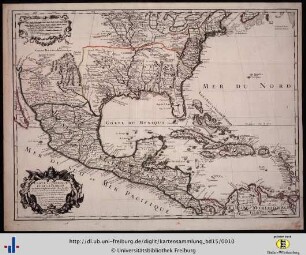 Carte du Mexique et de la Floride des Terres Angloises et des Isles Antilles du cours et des environs de la Riviere de Mississipi.