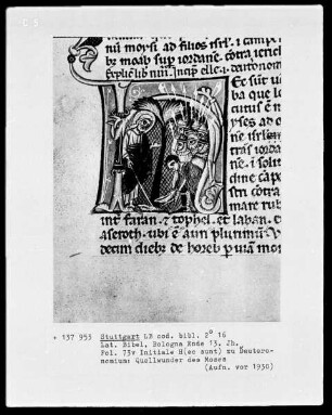 Lateinische Bibel — Initiale H (aec sunt), darin das Quellwunder Moses', Folio 53verso