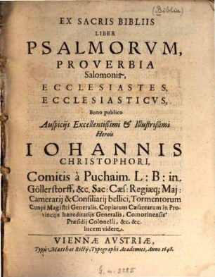Ex Sacris Bibliis Liber Psalmorum, Proverbia Salomonis, Ecclesiastes, Ecclesiasticus