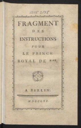 Fragment Des Instructions Pour Le Prince Royal De ***