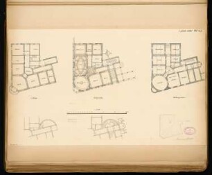 Wohnhaus, Eberswalde Monatskonkurrenz Juli 1880: Grundriss Keller, Erdgeschoss, Dachgeschoss 1:150; Skizze Dachaufsicht; 2 weitere Varianten des Treppenhauses; Maßstabsleiste
