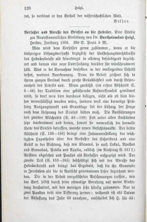 128-129 [Rezension] Heigl, Bartholomäus, Verfasser und Adresse des Briefes an die Hebräer
