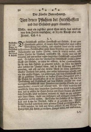 Die Fünfte Betrachtung. Von denen Pflichten der Herrschafften und des Gesindes gegen einander – Die Sechste Betrachtung. Von denen Pflichten der gemeinen Jugend, der Wittwen [...]
