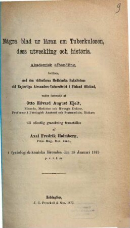Några blad ur läran om Tuberkulosen, dess utveckling och historia : Akademisk afhandling