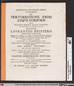 Dissertatio Philosophico Medica Inauguralis De Perturbatione Animi Atque Corporis