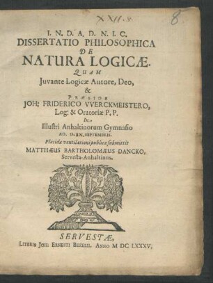 Dissertatio Philosophica De Natura Logicae