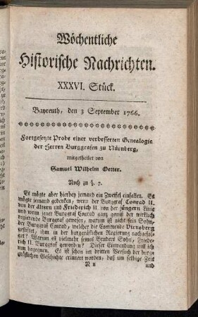 XXXVI. Stück. Bayreuth, den 3. September 1766.