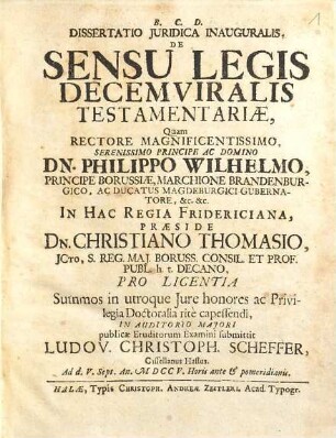 Dissertatio Juridica Inauguralis, De Sensu Legis Decemviralis Testamentariae