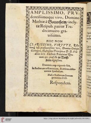 Amplissimo, prvdentissimoque viro, Domino Mathiae à Gottesheim [...]