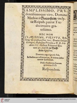 Amplissimo, prvdentissimoque viro, Domino Mathiae à Gottesheim [...]