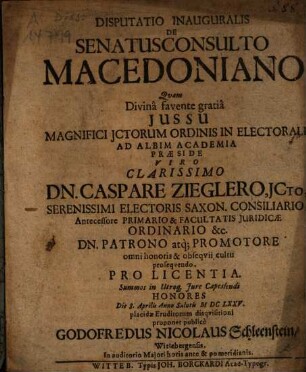 Disputatio Inauguralis De Senatusconsulto Macedoniano