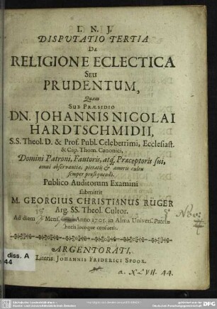 Disputatio Tertia De Religione Eclectica Seu Prudentum