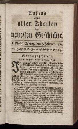 V. Nachl. Coburg, den 3. Februar, 1762.