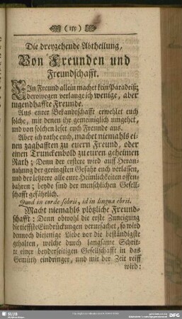 Die dreyzehende Abtheilung, Von Freunden und Freundschafft