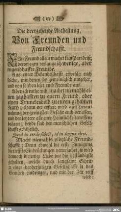Die dreyzehende Abtheilung, Von Freunden und Freundschafft