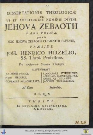 De vi et amplitudine nominis divini Jehova Zebaoth : Pars Prima