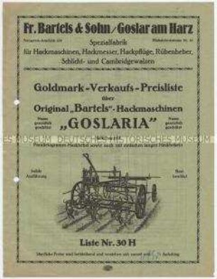 Goldmark-Verkaufs-Preisliste über Original "Bartels"-Hackmaschinen "GOSLARIA"