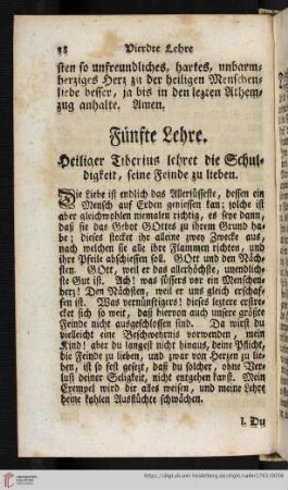 Fünfte Lehre. Heiliger Tiberius lehret die Schuldigkeit, seine Feinde zu lieben
