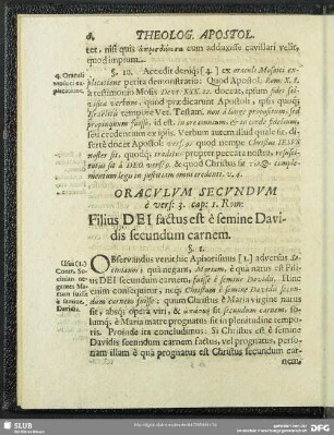 Oraculum Secundum e vers: 3. cap: 1. Rom: Filius Dei factus est e femine Davidis secundum carnem