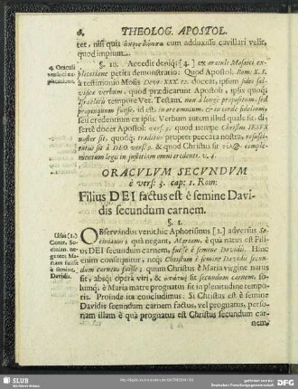 Oraculum Secundum e vers: 3. cap: 1. Rom: Filius Dei factus est e femine Davidis secundum carnem
