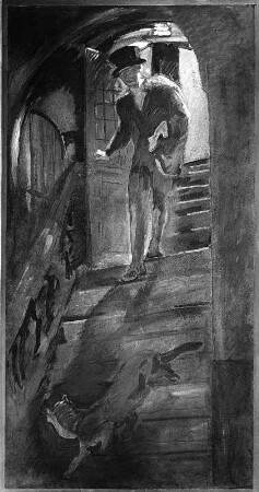 Der Dichter Wilhelm Hauff an der Kellertreppe : Der Dichter Wilhelm Hauff an der Kellertreppe. Wandmalerei (vor 1932; M. Slevogt). Bremen, Altes Rathaus, Ratskeller