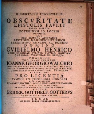 Diss. inaug. de obscuritate, epistolis Paulli falso tributa