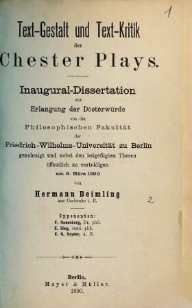Text-Gestalt und Text-Kritik der Chester Plays