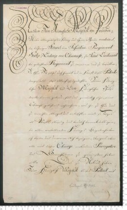 "Patent als Second Lieutenant beim Infanterie-Regiment Goetze"