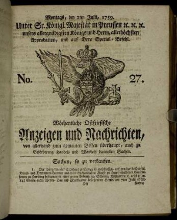 No. 27. Montags, den 2ten Julii, 1759.