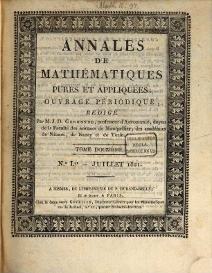 Annales de mathématiques pures et appliquées. 12. 1821