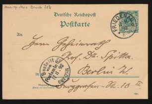 Postkarte an Philipp Spitta : 16.11.1892