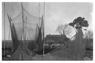 Thiessow (Rügen). Reusen der Reusen-Compagnie und reetgedecktes Wohnhaus