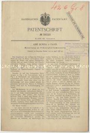 Patentschrift einer Neuerung an Flüssigkeitsmessern, Patent-Nr. 38020