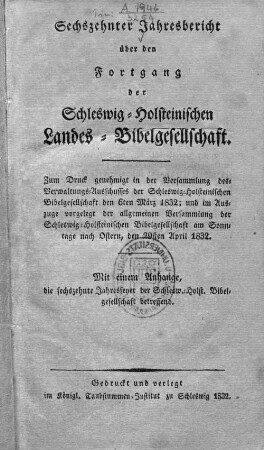 16.1832: Jahresbericht über den Fortgang der Schleswig-Holsteinischen Landes-Bibelgesellschaft