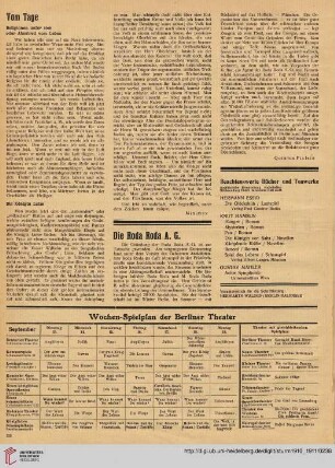 Beachtenswerte Bücher und Tonwerke / Spielplan der Berliner Theater