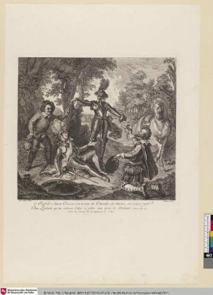 Le Bachelier Sanson Carasco, sous le nom du Chevalier des miroirs, est vaincu par Don Quichotte qui lui ordonne d'aller se jetter aux de pieds de Dulcinée