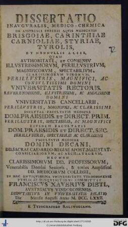 Dissertatio Inavgvralis, Medico-Chemica De Avstriaci Imperii Aqvis Medicatis Brisgoiae, Carinthiae Carnioliae, Styriae, Tyrolis, Et Nonnvllis Aliis