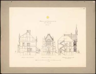 Kreisständehaus, Kreuznach: Querschnitt durch das Bürogebäude, Längsschnitt durch den Saalbau, Querschnitt durch Flur und Treppe der Landratswohnung 1:200