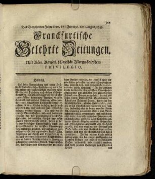 Num. LXI. Freytags, den 1. August. 1749 - Num. LXX. Dienstags, den 2. Sept. 1749