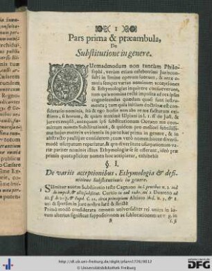 Pars Prima et praeambula. De Substitutione in genere.
