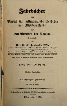 Jahrbücher des Vereins für Mecklenburgische Geschichte und Altertumskunde. 15. 1850