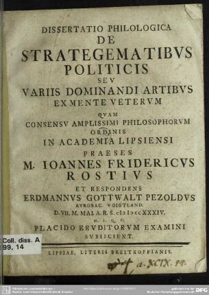 Dissertatio Philologica De Strategematibus Politicis Seu Variis Dominandi Artibus Ex Mente Veterum
